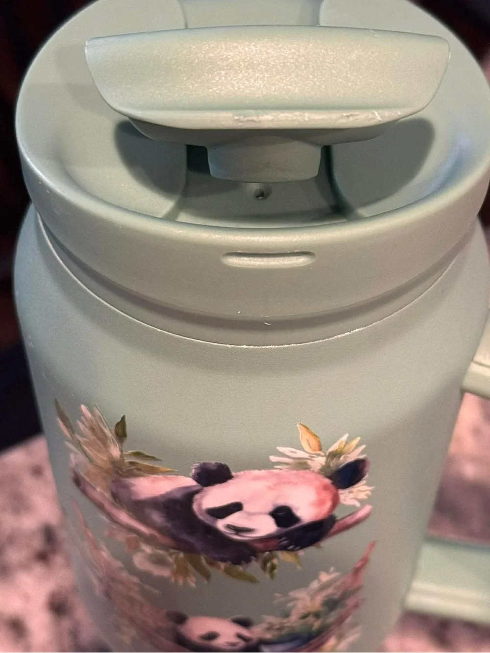 Hand Crafted Mint Green Panda Travel Tumbler scratch on handle